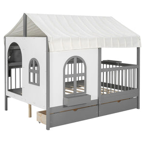 English Elm Full Size Kids House Bed with Led Bookshelf Storage Drawers and Charging Station Gray LP000378AAE