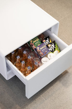 English Elm Modern Coffee Table with Built in Mini Fridge Power Outlets and Beverage Storage White W1172P483597