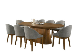 English Elm Andreo Nine Piece Oval Walnut Pedestal Dining Set Seats Eight with Gray Upholstered Chairs B2749S00359