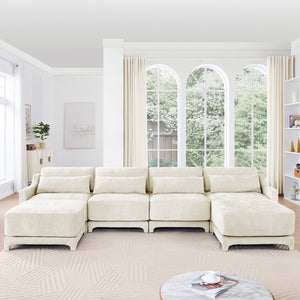 English Elm Four-Seater Chenille Sofa Set With Movable Ottoman, Ergonomic Lumbar Pillow, Modern Elegance In Beige W714S01236