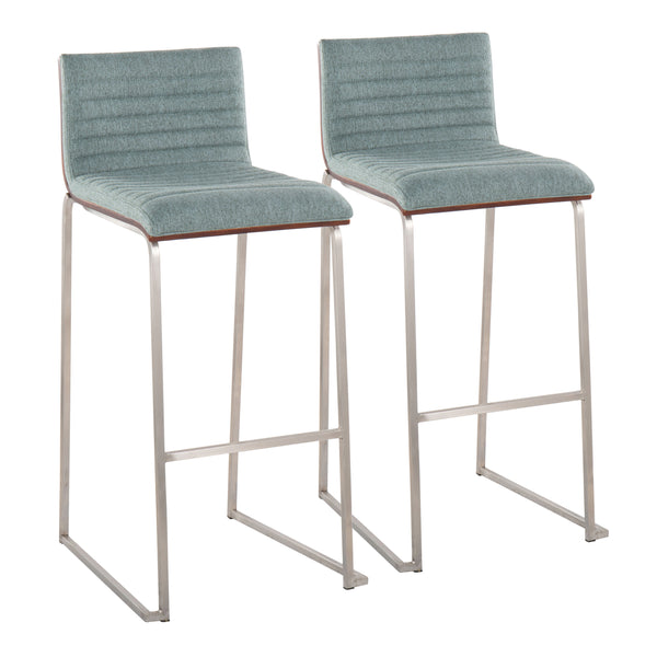 English Elm Mason Mara 30" Fixed-Height Barstools Set Of 2 - Stylish Green Fabric, Walnut Back & Stainless Steel Base B202P222244