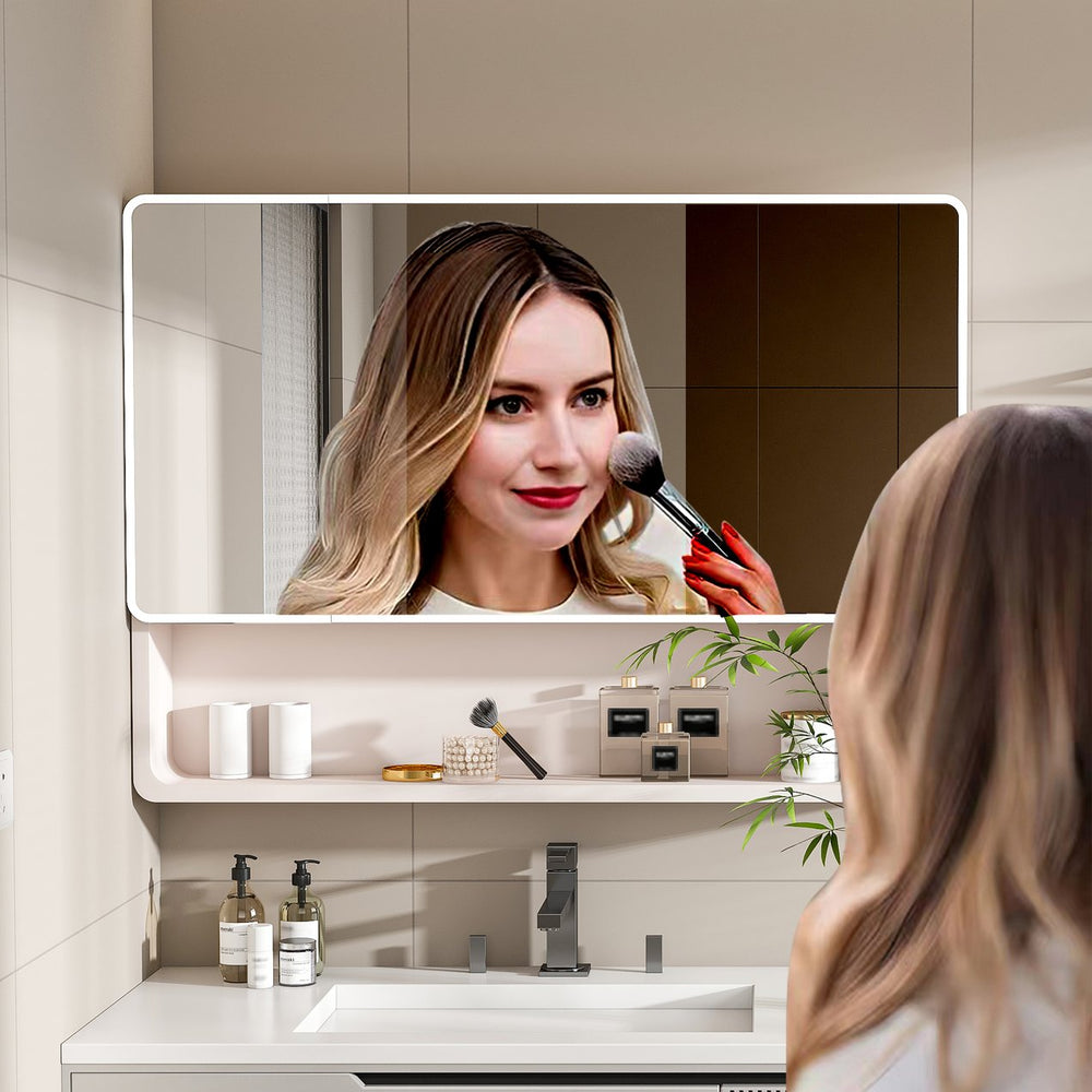 English Elm Aluminium Smart Medicine Cabinet Mirror 35x32 Inch with Defogger, Adjustable LED Lighting & Storage khaki W2700P269441