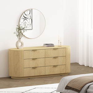 English Elm Olivia 71" Dresser in Natural Oak with Ribbed Texture, 6 Drawers, Metal Glam Handles (Black/Gold) B365S00064