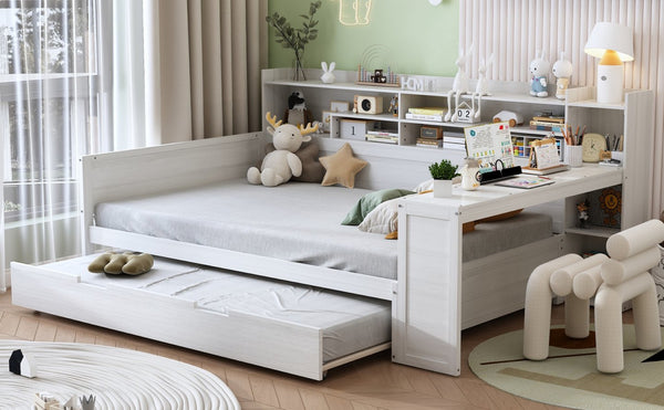 English Elm Wooden Twin Daybed with Trundle Built-in Desk and Open Shelves for Kids Rooms Antique White N733S373391K