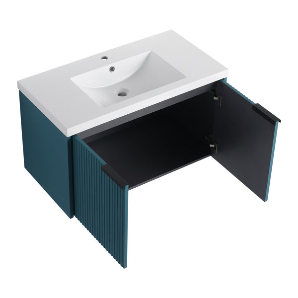 English Elm 36" Floating Bathroom Vanity with Resin Sink, Wavy Doors, Soft-Close Hinges & Durable Plywood Finish Lake Blue W999P251809