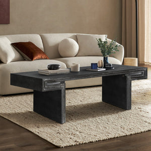English Elm American Vintage Industrial Coffee Table with Reclaimed Wood Texture, Dual-Tier Staggered Shelves for Living Room Stylish Storage and Durable Matte Finish Antique Black W1445P287875