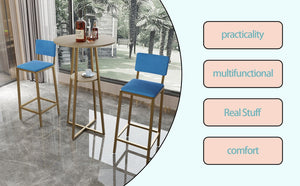 English Elm Bar Table and Chair Set Gold Frame Blue Velvet Cushions with Built-in Storage Shelf W3064P245389