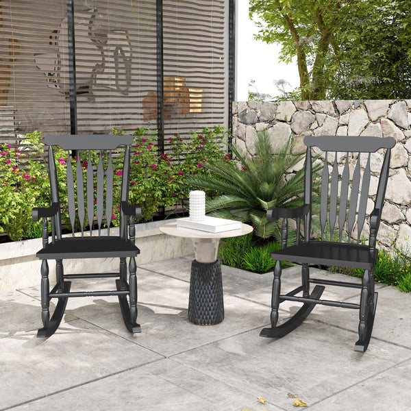 English Elm Outsunny Outdoor Rocking Chairs Set Of 2 - Classic Black Wood Rockers For Patios, Gardens & Balconies W2225P217107-GIGA
