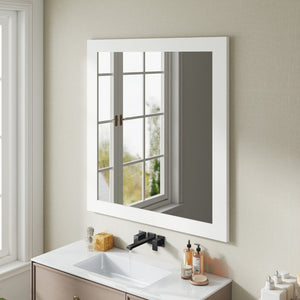 English Elm Revitalize Any Bathroom with a Square Matte White Framed Wall Mirror Modern Vanity W3151P265975