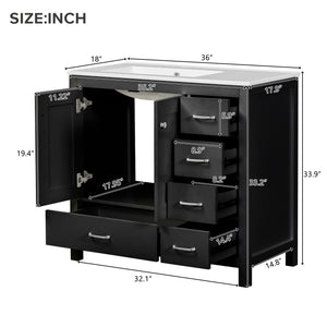 English Elm 36" Black Bathroom Vanity with Ceramic Sink, 2 Soft-Close Doors & 5 Drawers, Modern Storage Elegance N729P183735B