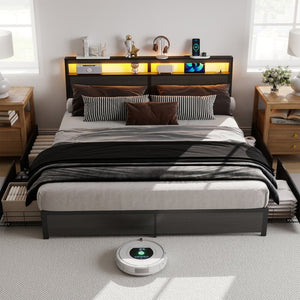 English Elm Queen Metal Platform Bed with Rgb Led Headboard Charging Station and Underbed Storage T3963P483004