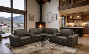 English Elm Premium Leather Match Sectional with Dual Recliners Cup Holders and Storage Console Olive Green B2748S00159