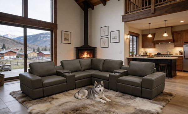 English Elm Premium Leather Match Sectional with Dual Recliners Cup Holders and Storage Console Olive Green B2748S00159