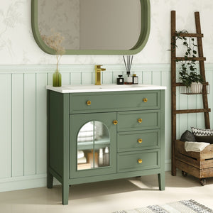 English Elm 35.6" Freestanding Bathroom Vanity with Roman Column Base and Ceramic Integrated Sink Green W1801S00010