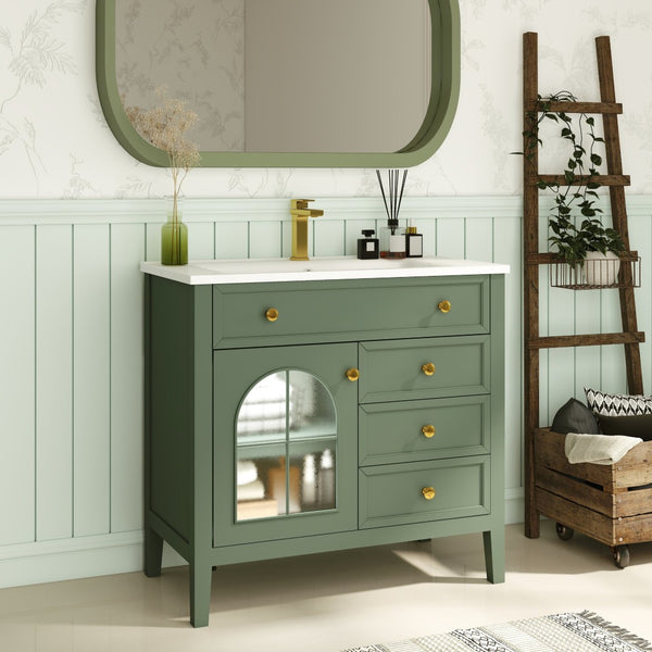 English Elm 35.6" Freestanding Bathroom Vanity with Roman Column Base and Ceramic Integrated Sink Green W1801S00010