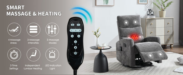 English Elm Heat Massage Rocker Swivel Recliner with 8 Vibrating Nodes Plush Fabric Lounge Chair W3224P322251