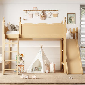 English Elm Twin Loft Bed Solid Pine Frame with Wardrobe Shelving Detachable Slide Kids Room Natural W5305S00022