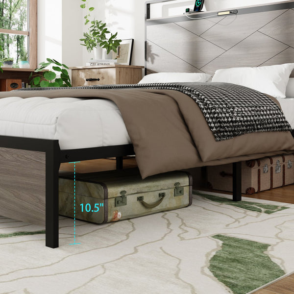 English Elm Bed Frame Full Size: Industrial-Style Wooden Platform With Led Headboard, Usb Charging & Storage W636P294910
