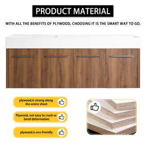 English Elm 60 Inch Wall-Mounted Bathroom Vanity With Double Resin Sink, Modern Design & Ample Storage Space W999S00250
