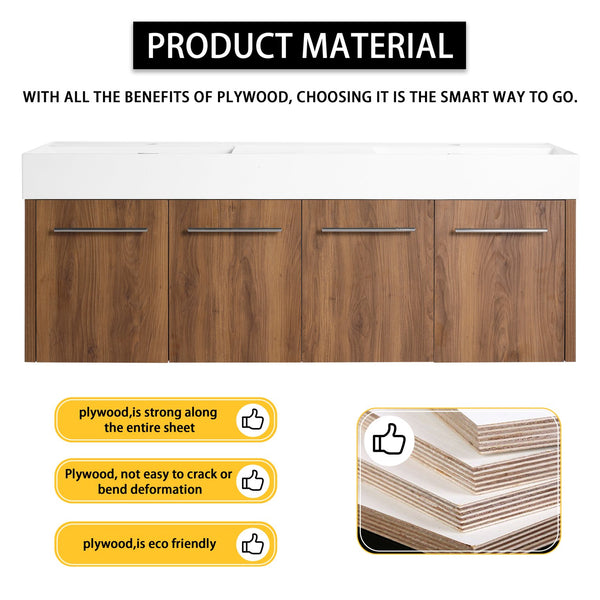 English Elm 60 Inch Wall-Mounted Bathroom Vanity With Double Resin Sink, Modern Design & Ample Storage Space W999S00250