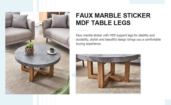 English Elm Modern Gray Texture MDF Round Coffee Table 31.4" – Retro Cross-Leg Design, Thick Top, Sturdy, Sleek Decor W1151P209822