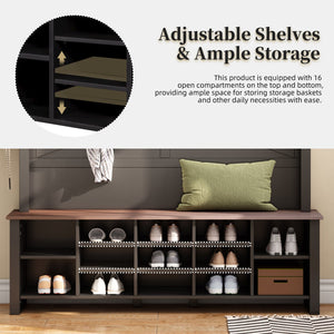 English Elm ON-TREND Farmhouse 4-in-1 Hall Tree with 6 Hooks, Walnut Bench, 16 Compartments, Rustic Entryway Organizer Black N721P264915B