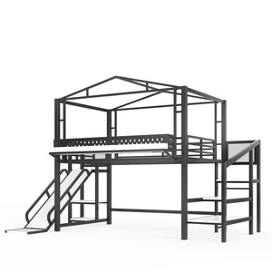 English Elm Twin Metal Loft Bed with Built-in Wardrobe Storage Stairs Led Lights and Usb Ports W5316S00047