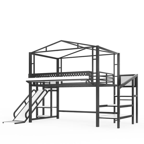English Elm Twin Metal Loft Bed with Built-in Wardrobe Storage Stairs Led Lights and Usb Ports W5316S00047