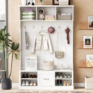 English Elm U-Can 57'' Hall Tree with Bench, Drawer & Shelves for Entryway Organizing and Stylish Storage White N724P264673K