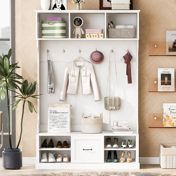 English Elm U-Can 57'' Hall Tree with Bench, Drawer & Shelves for Entryway Organizing and Stylish Storage White N724P264673K