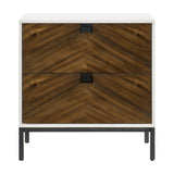 White/Walnut Finish Nightstand w/ Self-Closing Glides, Black Metal Legs, Modern Bedroom Furniture