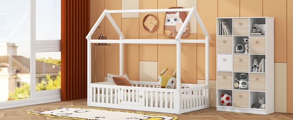 English Elm Twin Pine House Bed with Roof, Fence & Door — Enclosed Playful Design for Cozy Sleep and Imagination White WF531501AAK