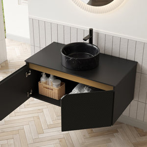 English Elm Dina Floating Bathroom Vanity Sintered Stone Top Glass Basin Striped Plywood Cabinet W2615S00525
