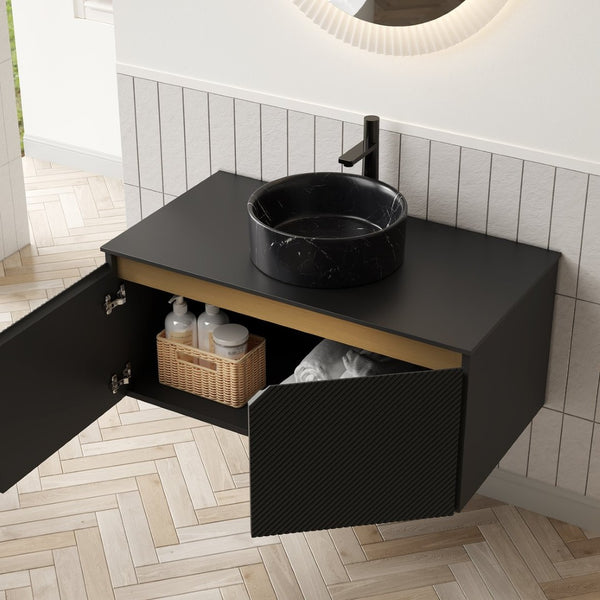 English Elm Dina Floating Bathroom Vanity Sintered Stone Top Glass Basin Striped Plywood Cabinet W2615S00525