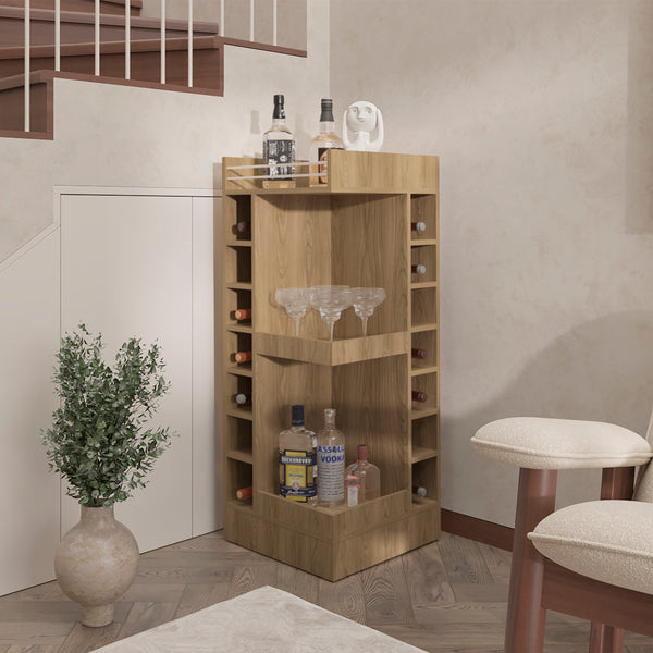 English Elm Glen Corner Bar Cabinet Light Pine Beige – Space-Saving Wine Storage, Shelf & Lower Compartment, Durable Engineered Wood B092P269908