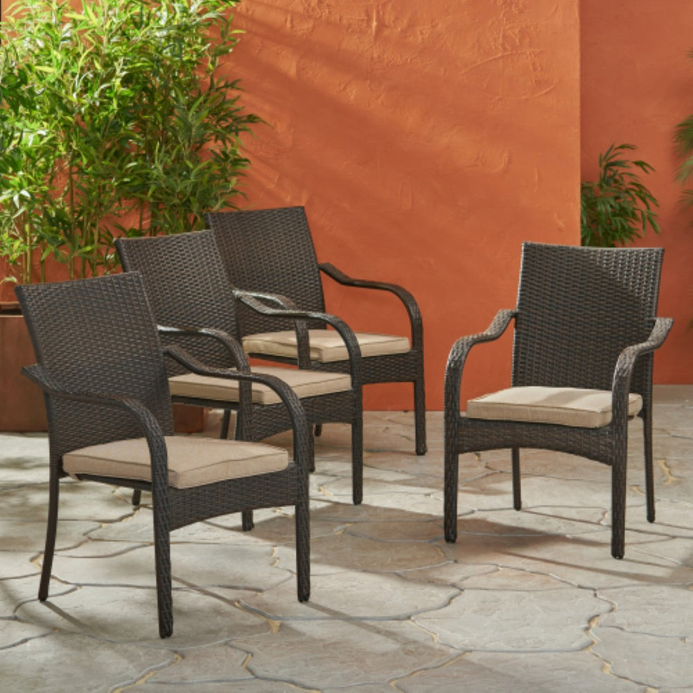 English Elm Outdoor Wicker Patio Chair Set of Four Stackable Iron Frame with Cushions N769P334782A
