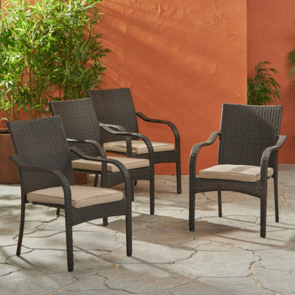 English Elm Outdoor Wicker Patio Chair Set of Four Stackable Iron Frame with Cushions N769P334782A