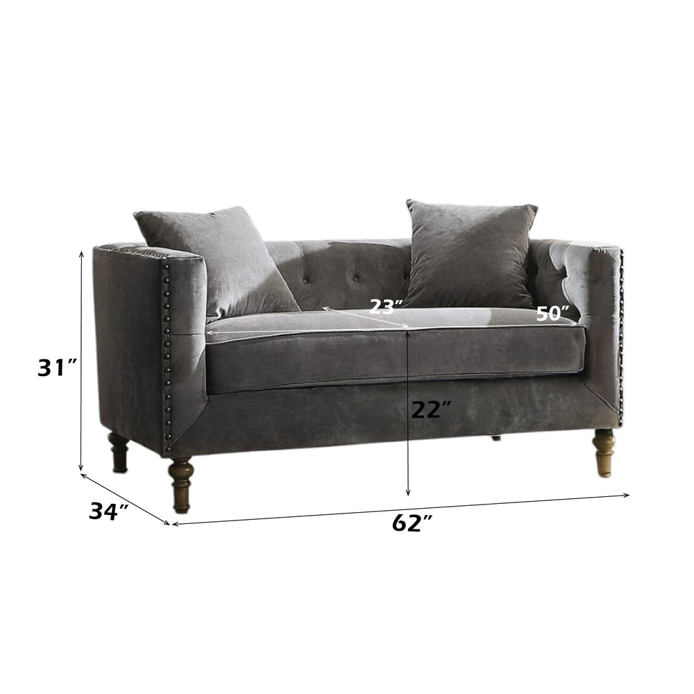 English Elm Sidonia Gray Velvet Loveseat with Button Tufting & Nailhead Trim, Down-Foam Seat, 2 Pillows, Antique Legs B2726P401996