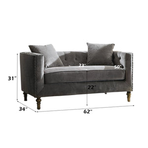 English Elm Sidonia Gray Velvet Loveseat with Button Tufting & Nailhead Trim, Down-Foam Seat, 2 Pillows, Antique Legs B2726P401996