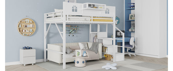 English Elm Full Size Loft Bed With Integrated Wardrobe, Stairs, House-Shaped Guardrails & Space-Saving Design W2593S00037