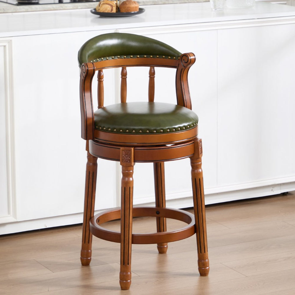 English Elm Cow Leather Swivel Barstool Solid Hardwood Frame Contoured Back for Kitchen W2195P414773