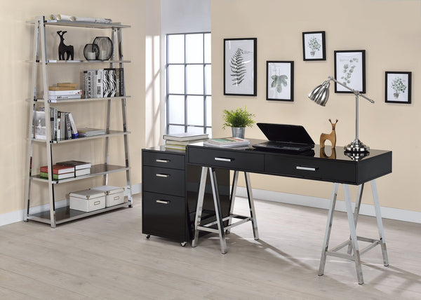 English Elm Black High Gloss Writing Desk With Chrome Accents – Modern 2-Drawer Home Office Centerpiece B062P209202
