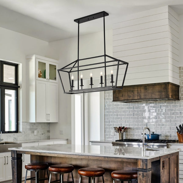 English Elm 5-light Industrial Farmhouse Chandelier Matte Black Metal Linear Pendant for Kitchen Island W5008P465021