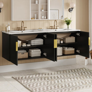 English Elm 60" Vintage Bathroom Vanity with Ceramic Sink Wall-Mount Modern Striped Design Durable MDF Wood Finish Black N710SS00010B