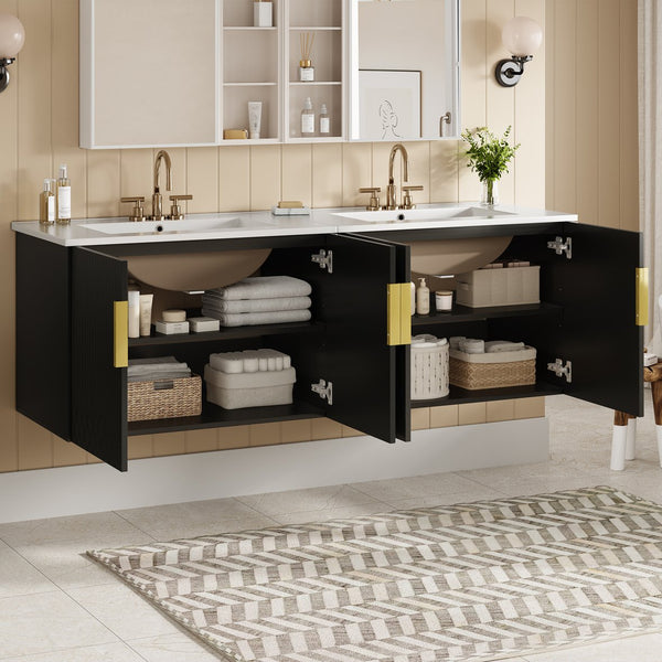 English Elm 60" Vintage Bathroom Vanity with Ceramic Sink Wall-Mount Modern Striped Design Durable MDF Wood Finish Black N710SS00010B