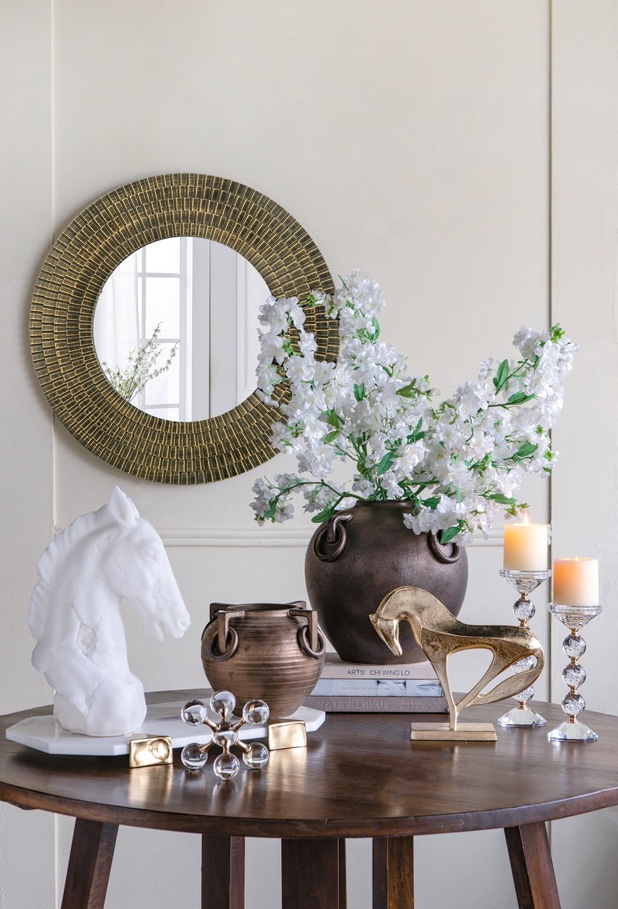 English Elm D29.5" Sculptural Round Gold & Black Woven-Texture Wooden Accent Mirror — Elegant Wall Focal Piece, 33" Diameter W2078P404502