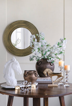 English Elm D29.5" Sculptural Round Gold & Black Woven-Texture Wooden Accent Mirror — Elegant Wall Focal Piece, 33" Diameter W2078P404502