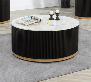 English Elm 1pc Marble-Inspired Coffee Table 38"RD x17"H — Modern Luxurious Reeded Base, Gold-Finish Casters B011P369366