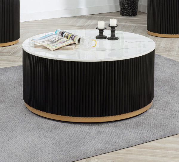 English Elm 1pc Marble-Inspired Coffee Table 38"RD x17"H — Modern Luxurious Reeded Base, Gold-Finish Casters B011P369366