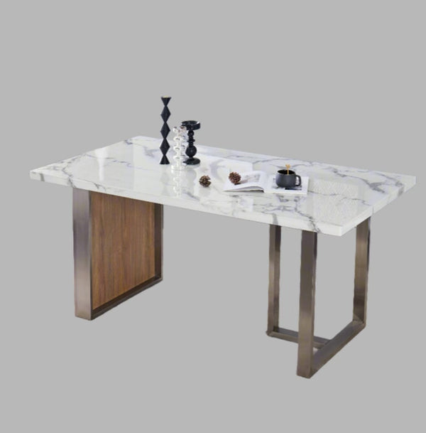English Elm Elegant Imitation Marble Mdf Dining Table For 6-8, Modern Walnut & Stainless Steel, Easy Assembly W2213S00021